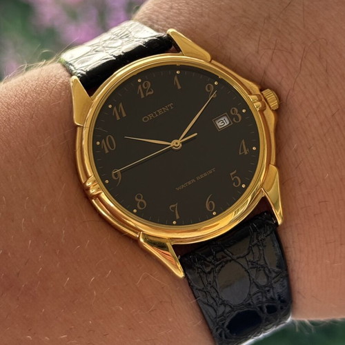 Orient Classic watch new, steel gold, leather strap, quartz