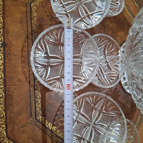 Crystal set with fondue bowl and 6 plates for spoon sweets like new, Russian origin