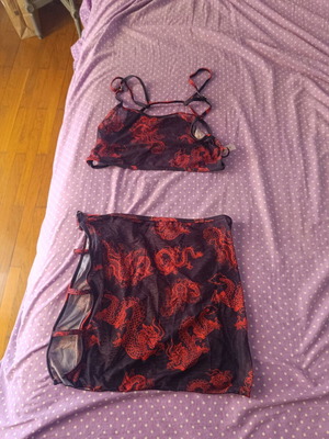 Shein set top and pareo skirt new with dragon designs black and red size M