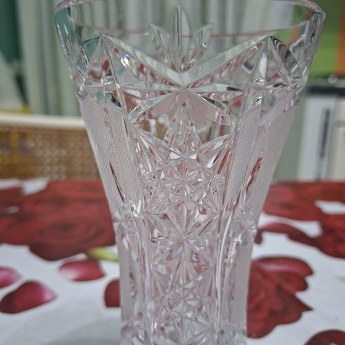 Bohemian crystal vase conical shape with hand-engraved geometric designs new