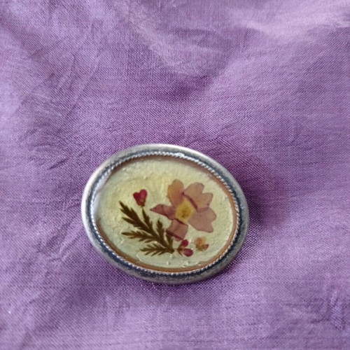 Vintage oval brooch with pressed dried flowers like new