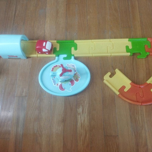 Fisher Price car track used with 2 cars and helicopter