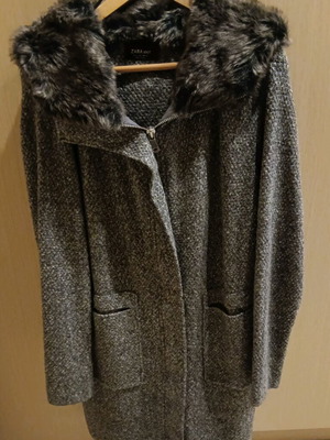 Zara women's long knitted cardigan with hood and fur gray, new