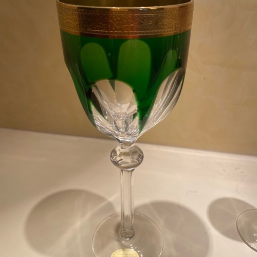 German crystal glasses new, 3 large wine and 2 small liqueur with gold rim