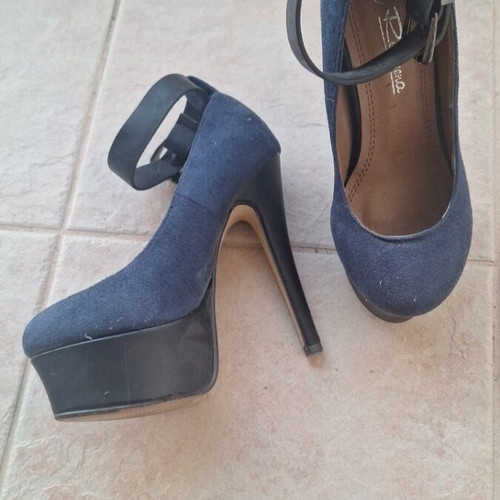Heels with ankle strap used, dark blue with black heel and platform