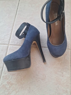Heels with ankle strap used, dark blue with black heel and platform