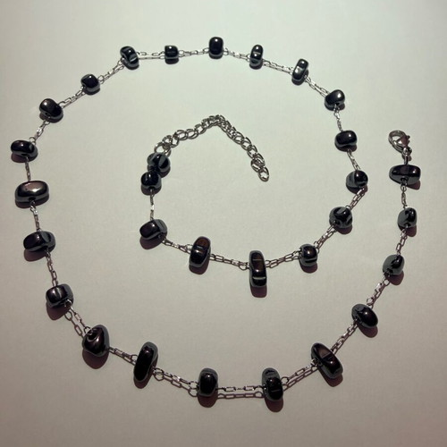 Rosary necklace with hematite beads, platinum plated, new