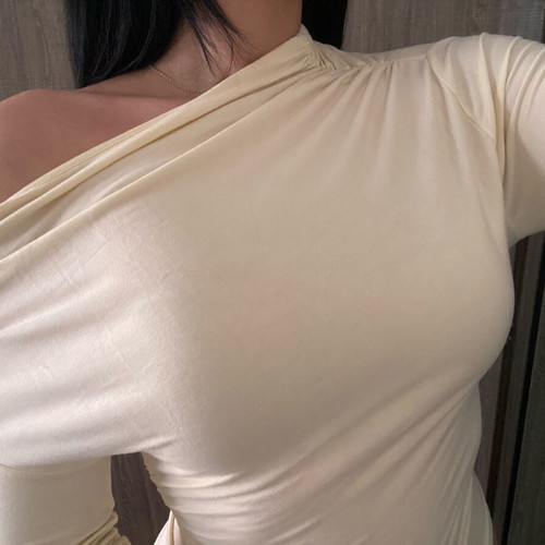 One-shoulder blouse like new, beige and yellow