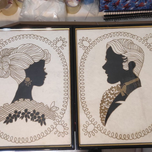 Antique Victorian Style Silk Screen Prints Set of 2 with Glass Front