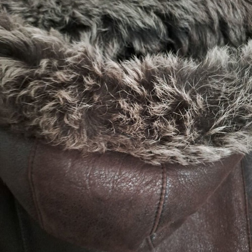 Mouton leather coat like new, brown with detachable hood