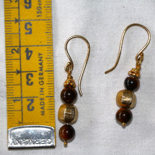 Gold earrings with tiger's eye and 22K gold-plated clasp, new