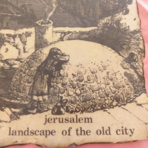 Wall-mounted old woodcut of the old city of Jerusalem