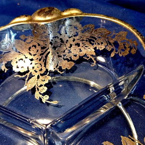 Vintage glass divided serving dish 20 cm with silver decoration like new