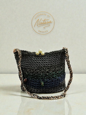 Handmade topaz shoulder bag black with decorative stones and strap