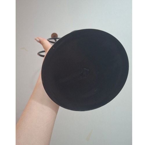 Black wrought iron metal decor stand with wooden detail, very good condition