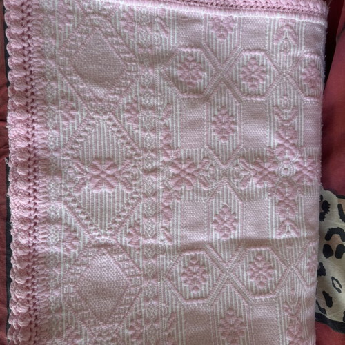 Wool woven blanket new with handmade lace edging pink