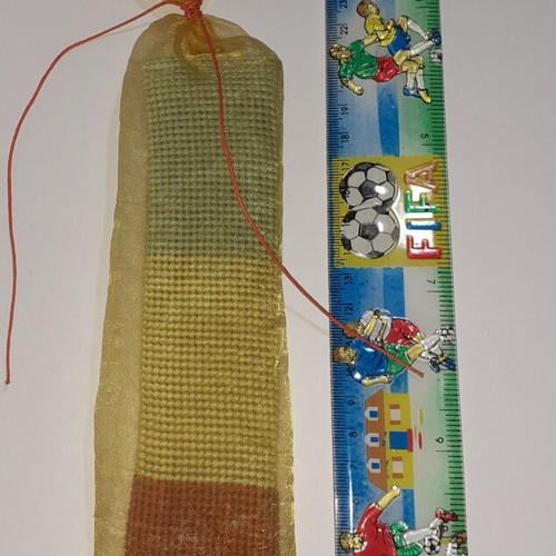 Handmade embroidered bookmark in red, yellow and light blue