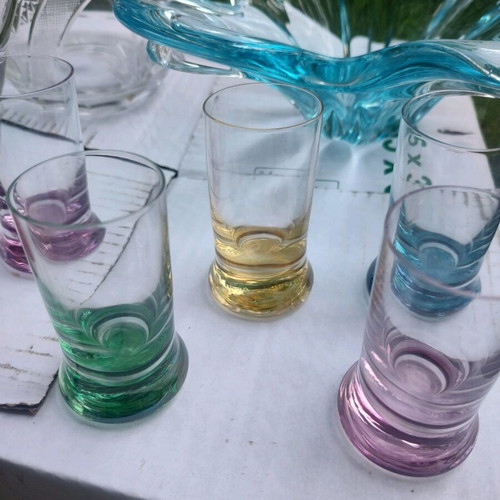 Handmade crystal set like new with 6 colored glasses and 2 pitchers