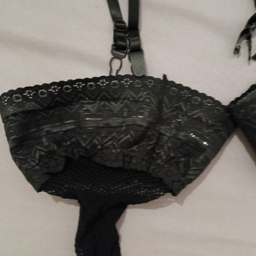 String lingerie with integrated garters and fishnet stockings, new, black