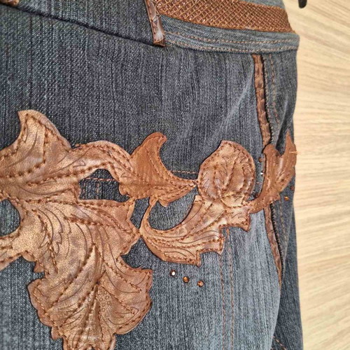 Monica Magni denim skirt size S new with brown leather details