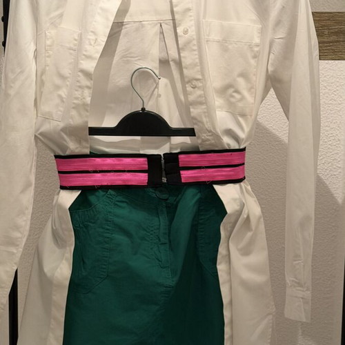 Set of 3 pieces like new, white semize shirt with letters, green skirt, fuchsia belt