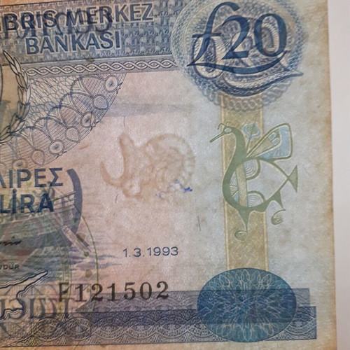 Cyprus 20 Lira 1993 banknote used, rare collectible