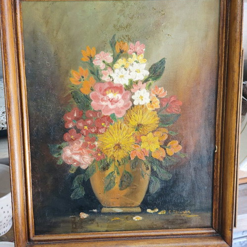 Vintage oil painting on canvas used, vase with colorful bouquet
