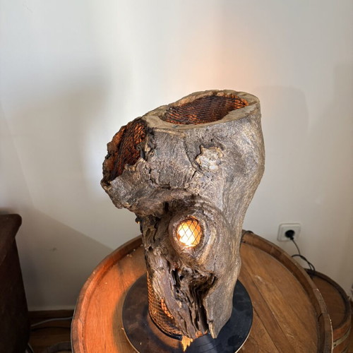 Handmade table lamp from natural wood with vinyl base & dimmer
