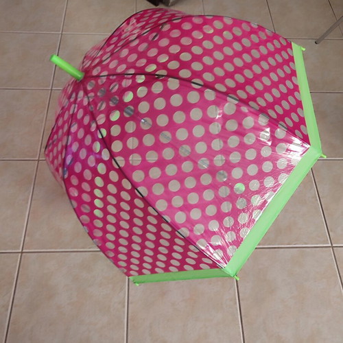 Automatic polka dot rain umbrella with cane handle, like new, transparent pink green