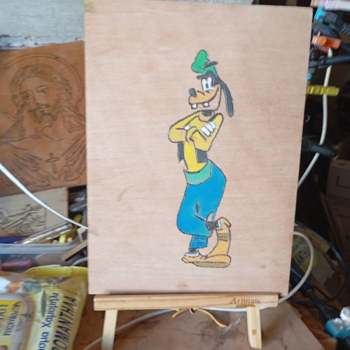 Handmade pyrography on wood with Goofy design, A4 size