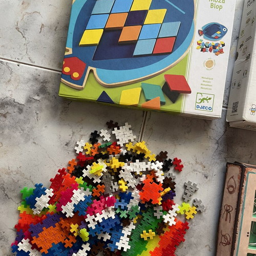 Djeco Moza Blop, Plan Toys balancing tree, Plus Plus unicorn blocks, Eureka 3D puzzles used set
