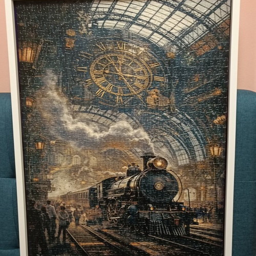 Puzzle 1000 pieces like new with white wooden frame, vintage steam train