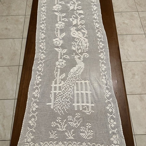 Vintage Handmade Curtain Crochet with Peacock Design 120x45cm Like New