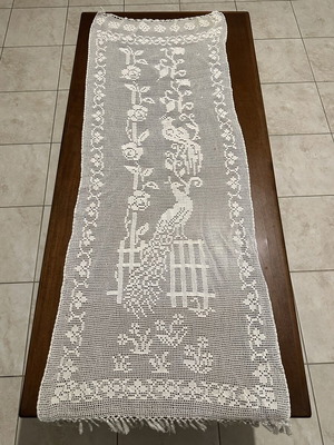 Vintage Handmade Curtain Crochet with Peacock Design 120x45cm Like New