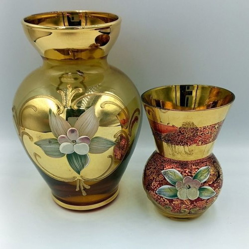 Set of 2 vintage hand-painted Bohemian Czech glass jars like new
