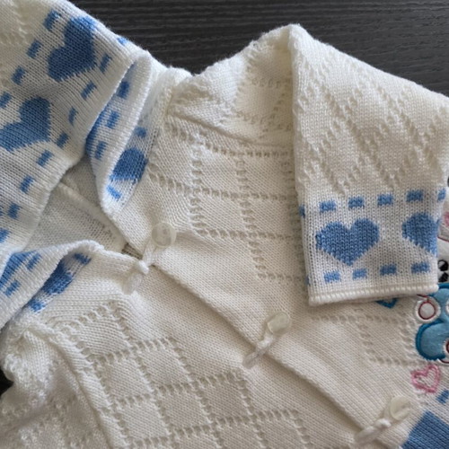 Baby knitted jacket with hood used, unisex, white and blue, 6-12 months