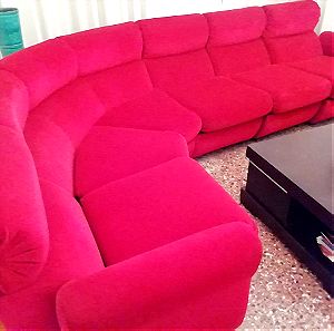 Γωνιακό σαλόνι βελουτέ υφή κόκκινο 6θέσιο+δύο πολυθρόνες+ 3 τραπεζάκια με μάρμαρο