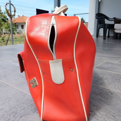 Vintage red suitcase bag used with zipper defect