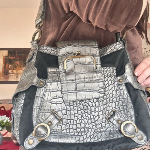 Fullah Sugah leather shoulder bag, black velvet with croco pattern, vintage
