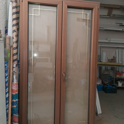 Aluminum balcony door brown with wooden profile and perimeter mechanism new