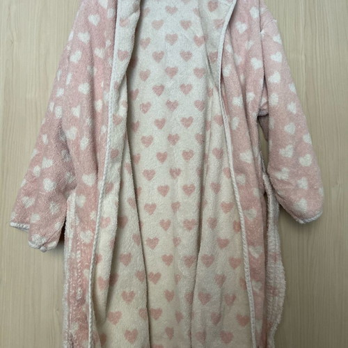 Bathrobe used pink and white with pockets and hood S-L