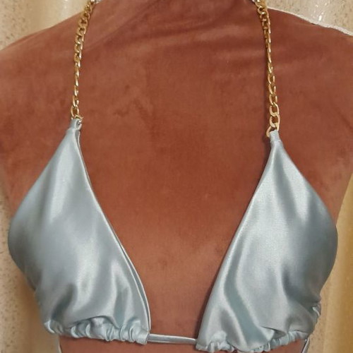 Satin triangle bikini swimsuit with chains light blue