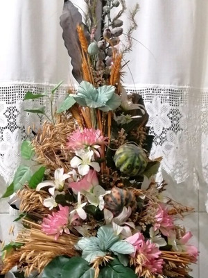 Brass flower arrangement in pot used, vintage
