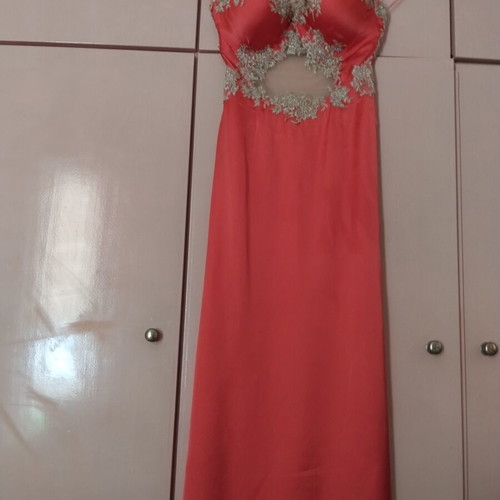 Saten prom dress used, coral with gold lace embroidery and cut-out