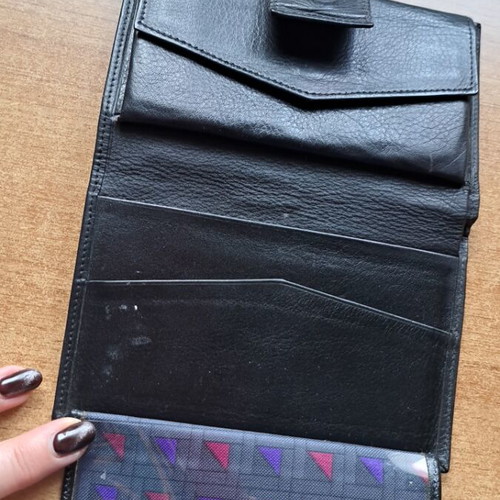 Women's leather wallet like new, grey with burgundy trim
