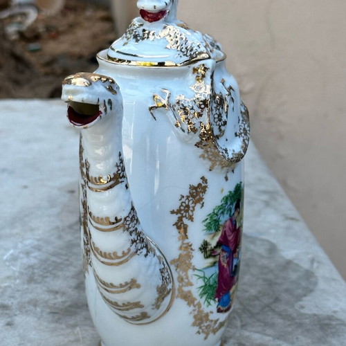 Collectible Japanese Porcelain Coffee Pot used with dragons and traditional scene