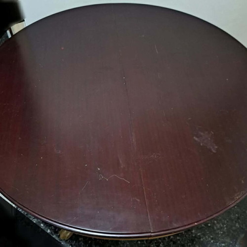 Round Mahogany Solid Dining Table used with Two Extension Leaves