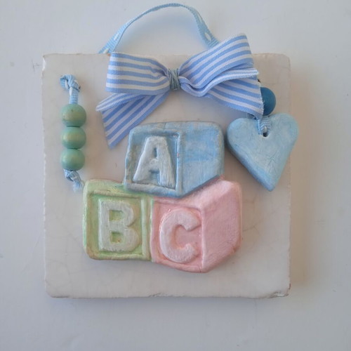 Handmade 3D Wall Decoration on Ceramic Tile for Newborn Boy