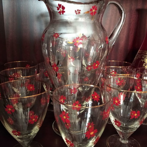 Antique set pitcher with twelve glasses for water or juice used