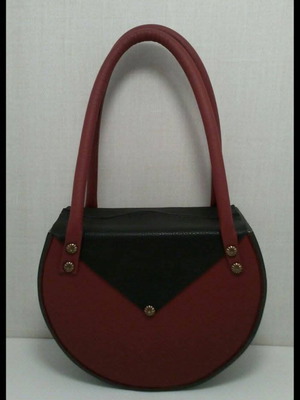 Handbag made of wood and calf leather new, black and red
